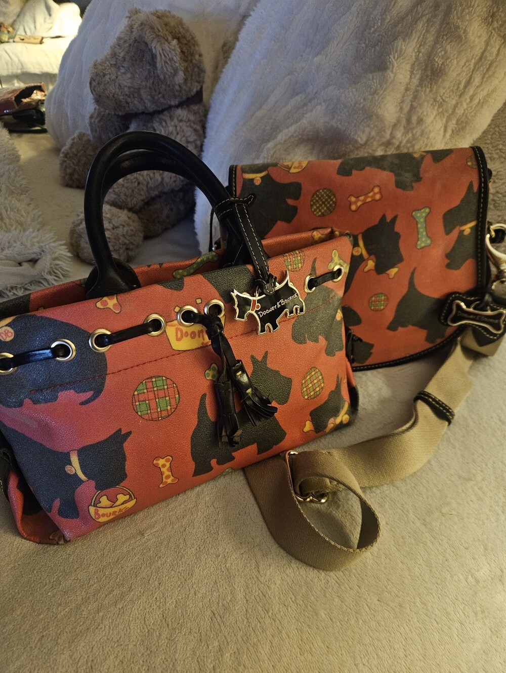 2 Pc Adorable Dooney & Bourke Red Black Scottie Dog Print Satchel And Crossbody